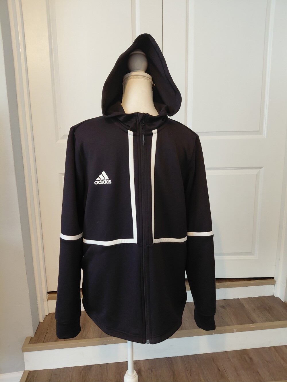 Adidas Mens Black Hooded Zip with White Trim For Taller Frames XLT Gently Used